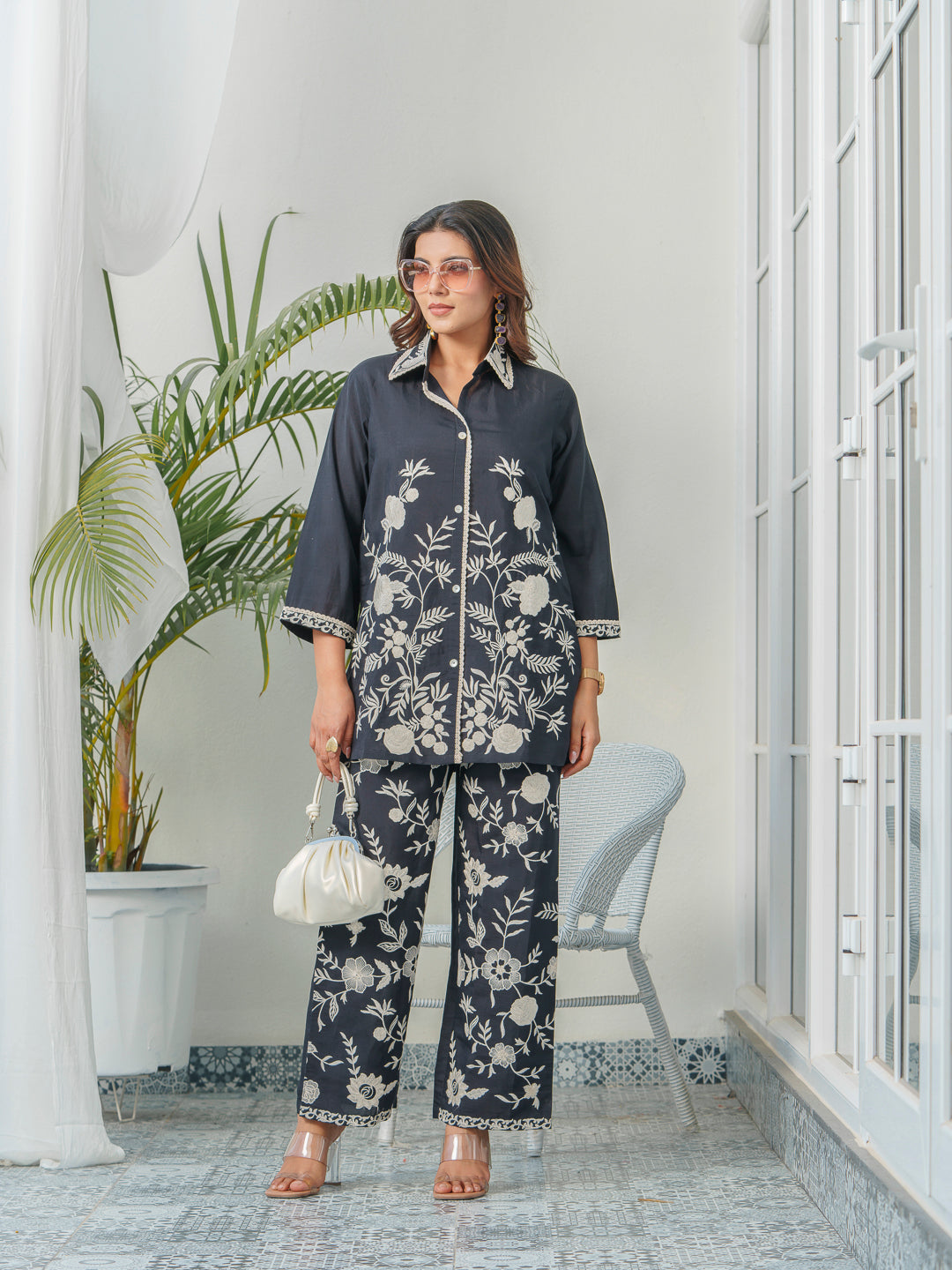 Embroidered Three-Quarter Sleeves Shirt With Trouser