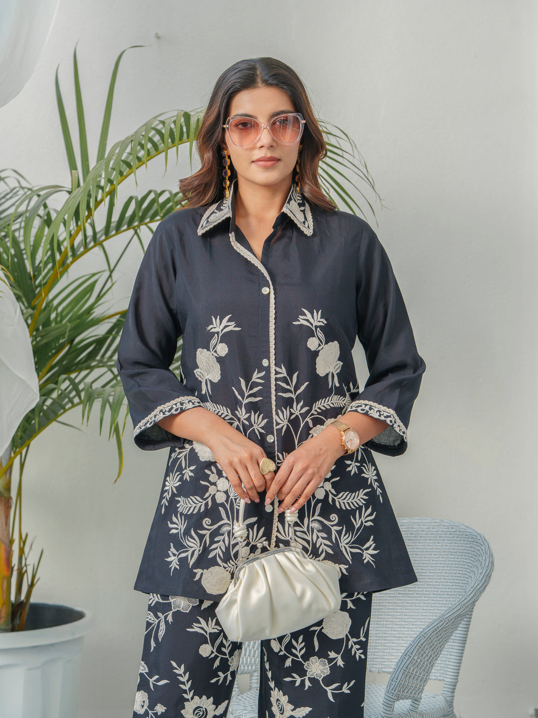 Embroidered Three-Quarter Sleeves Shirt With Trouser