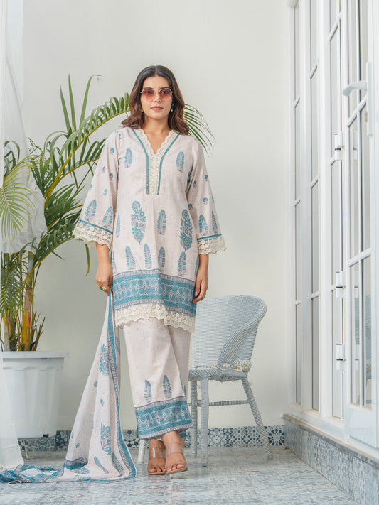 Ethnic Motif Printed & Embroidered Cotton Kurta & Trousers With Dupatta