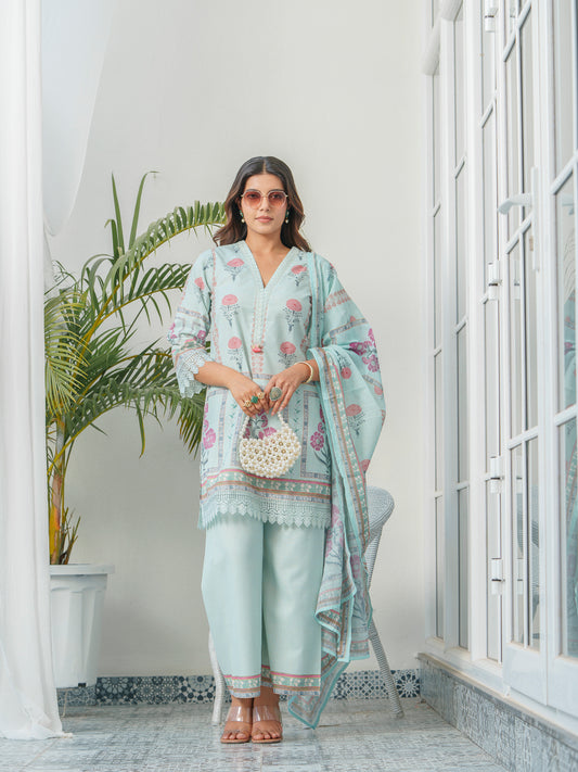 Blue Floral Printed Cotton Kurta & Trousers With Dupatta