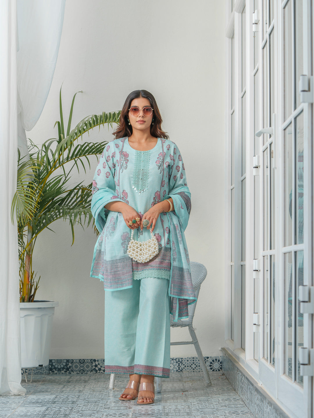Floral Printed & Embroidered Kurta & Trousers With Dupatta