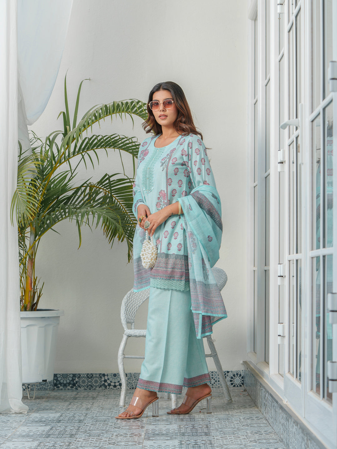 Floral Printed & Embroidered Kurta & Trousers With Dupatta