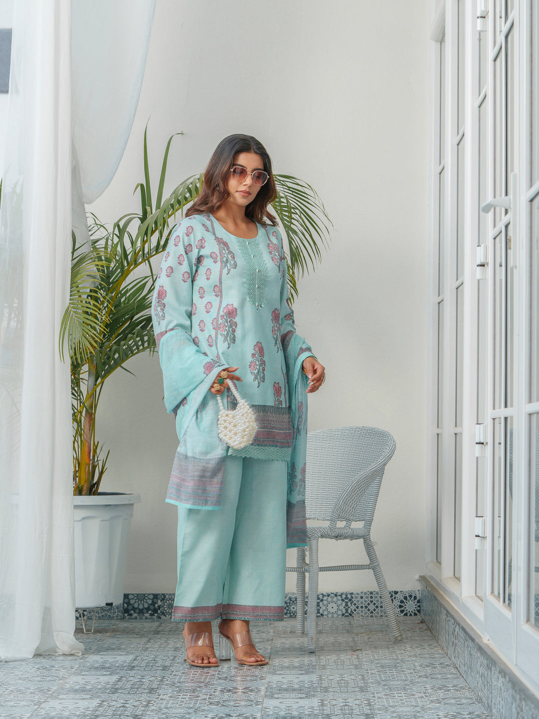 Floral Printed & Embroidered Kurta & Trousers With Dupatta