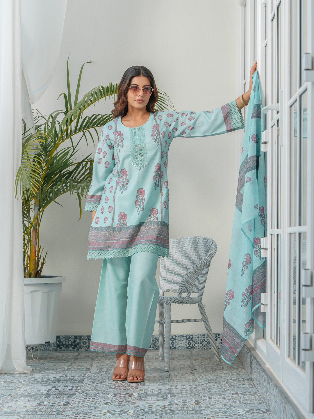 Floral Printed & Embroidered Kurta & Trousers With Dupatta