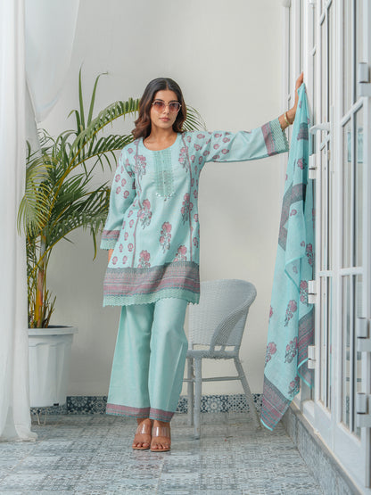 Floral Printed & Embroidered Kurta & Trousers With Dupatta