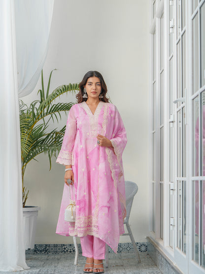 Floral Embroidered Straight Kurta & Trousers With Dupatta