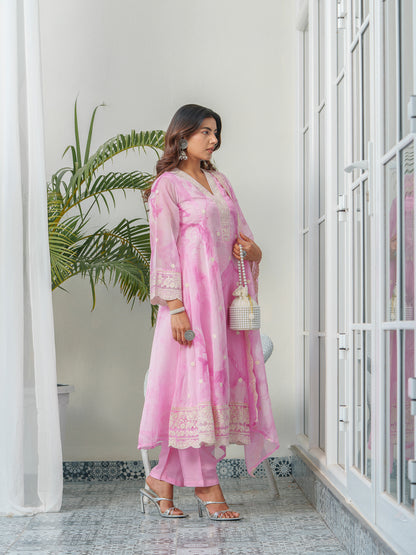 Floral Embroidered Straight Kurta & Trousers With Dupatta