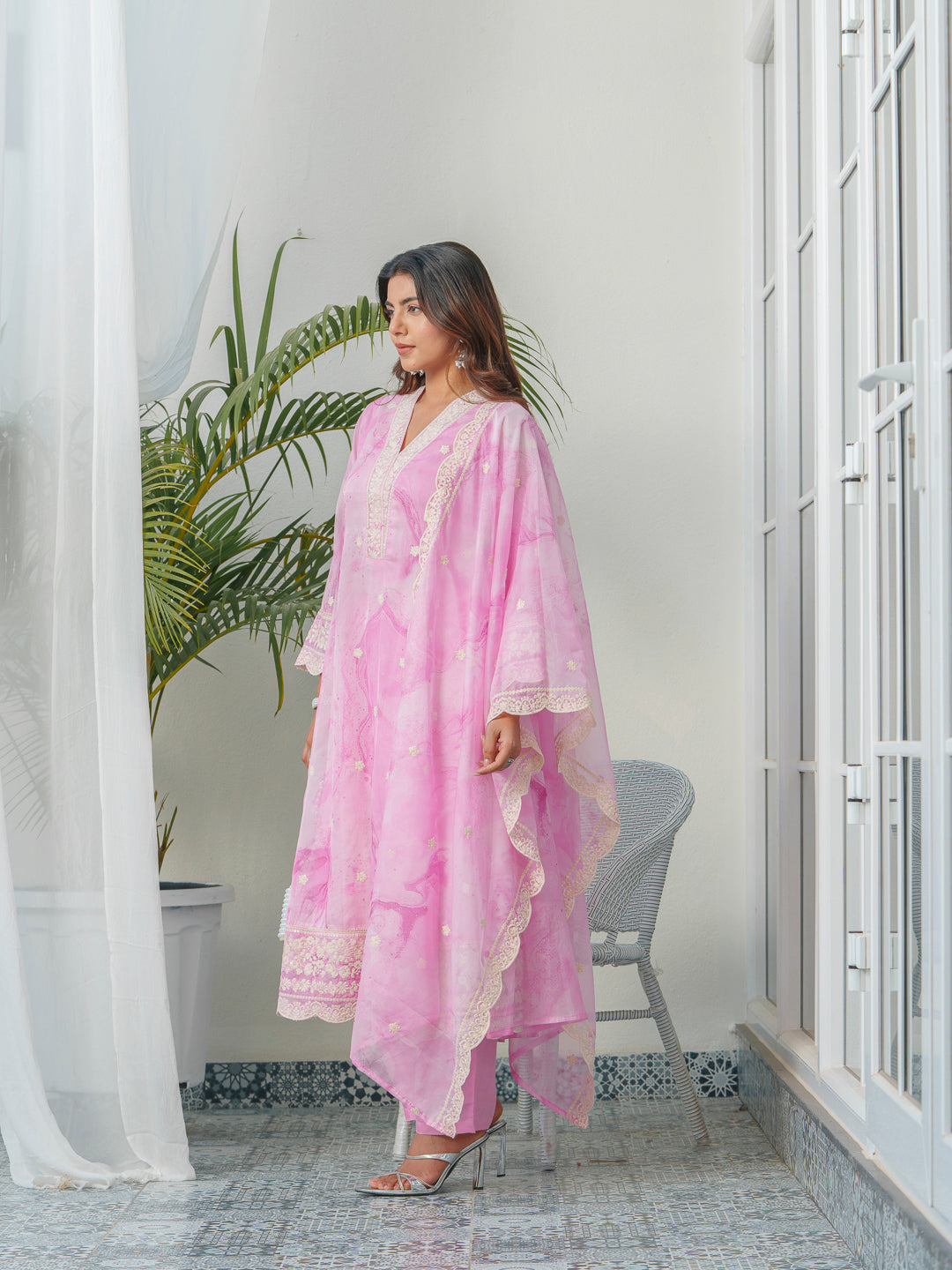 Floral Embroidered Straight Kurta & Trousers With Dupatta