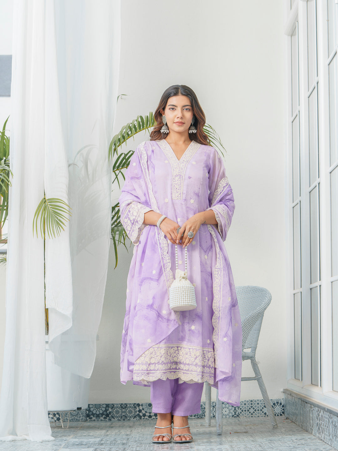 Floral Embroidered Straight Kurta & Trousers With Dupatta