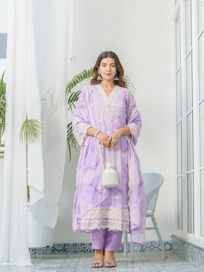 Floral Embroidered Straight Kurta & Trousers With Dupatta