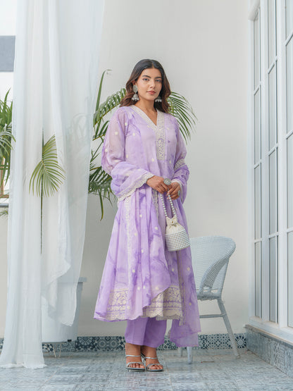 Floral Embroidered Straight Kurta & Trousers With Dupatta