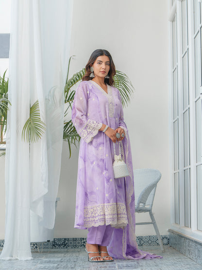 Floral Embroidered Straight Kurta & Trousers With Dupatta