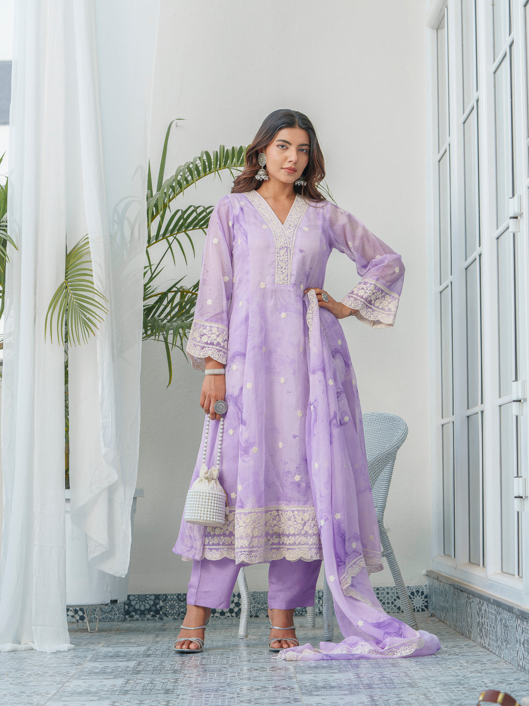 Floral Embroidered Straight Kurta & Trousers With Dupatta