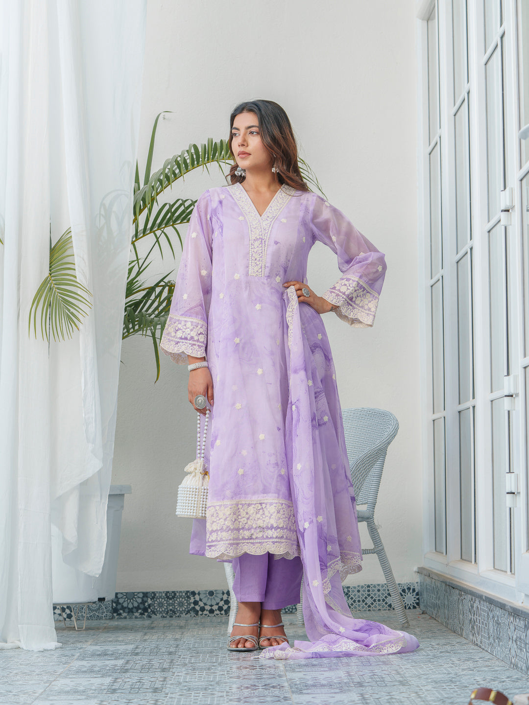 Floral Embroidered Straight Kurta & Trousers With Dupatta