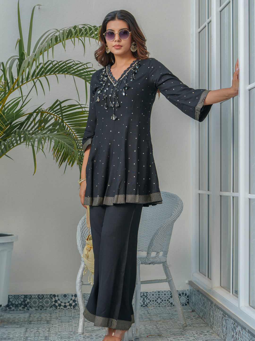 Printed V-Neck Pure Cotton Tunic With Trousers