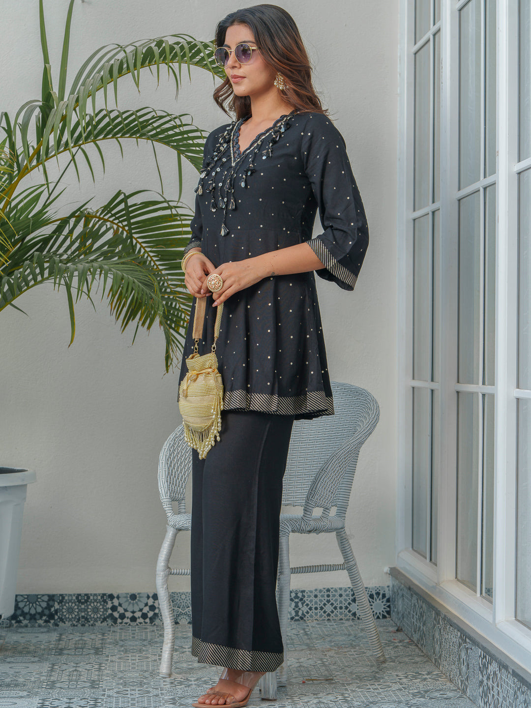 Printed V-Neck Pure Cotton Tunic With Trousers