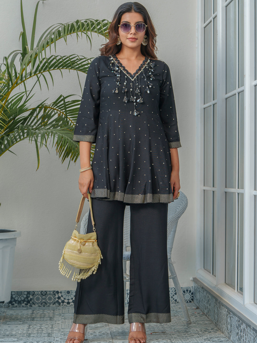 Printed V-Neck Pure Cotton Tunic With Trousers