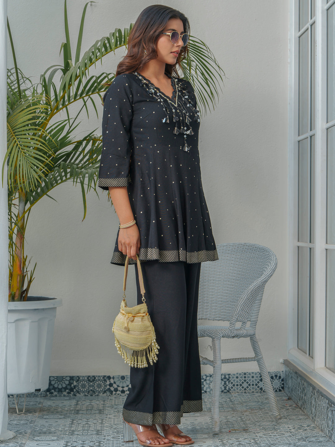 Printed V-Neck Pure Cotton Tunic With Trousers