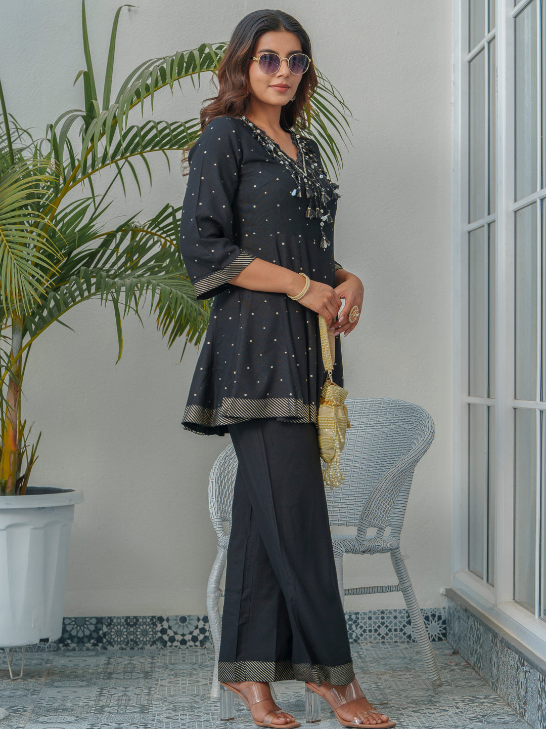 Printed V-Neck Pure Cotton Tunic With Trousers