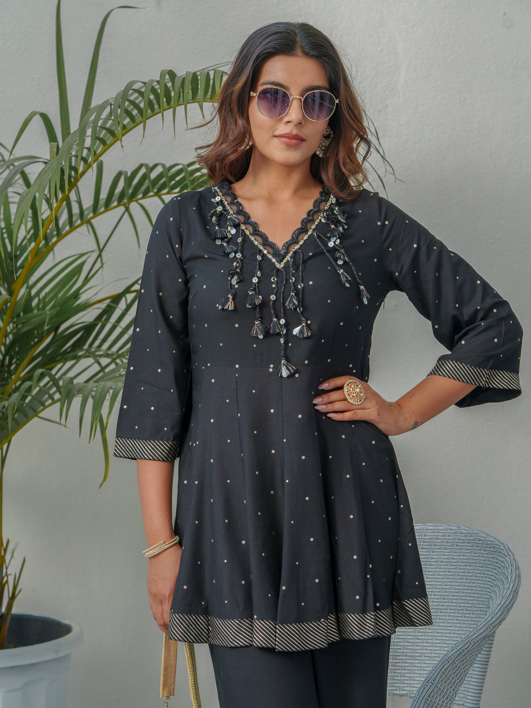 Printed V-Neck Pure Cotton Tunic With Trousers