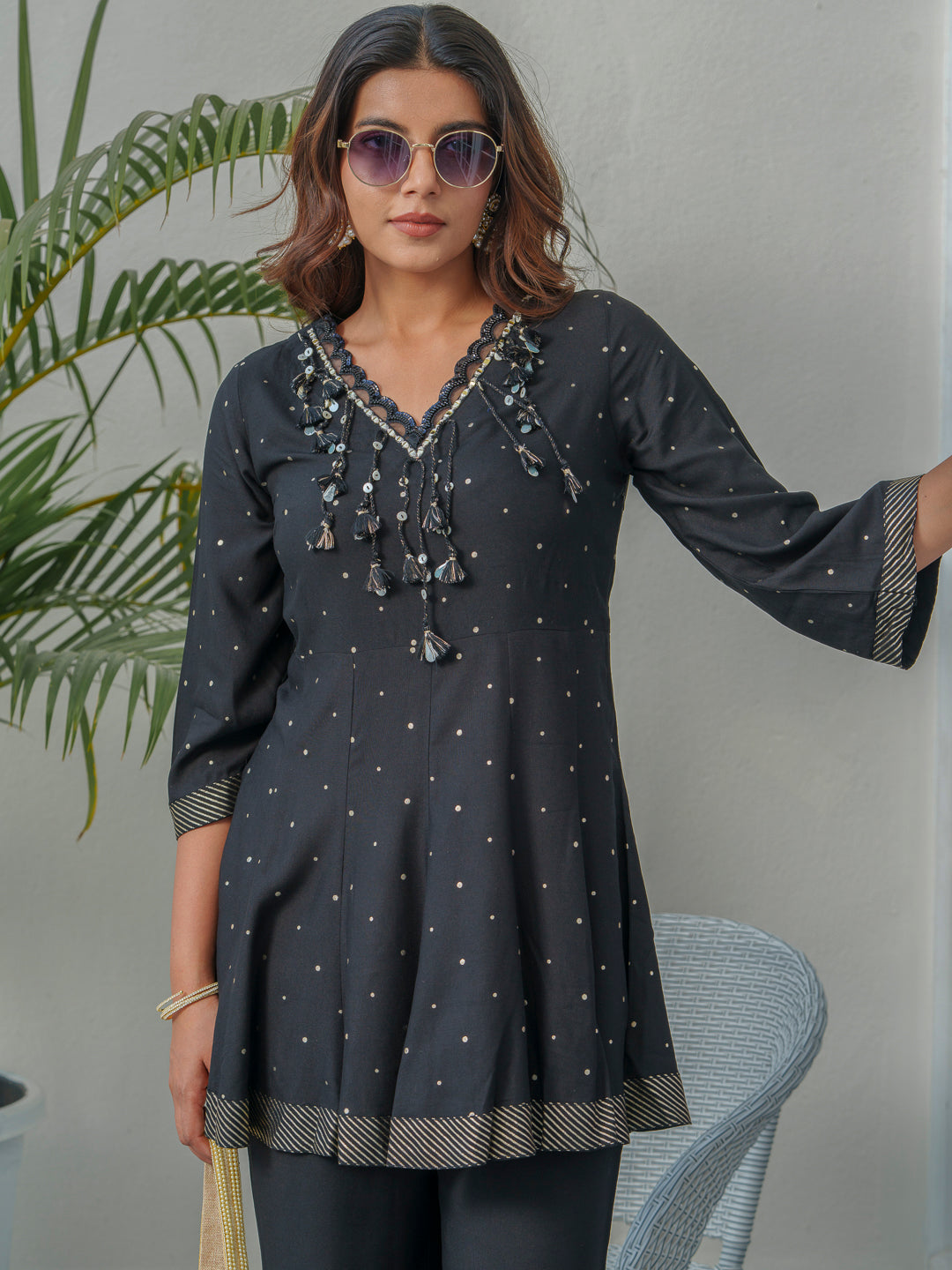 Printed V-Neck Pure Cotton Tunic With Trousers