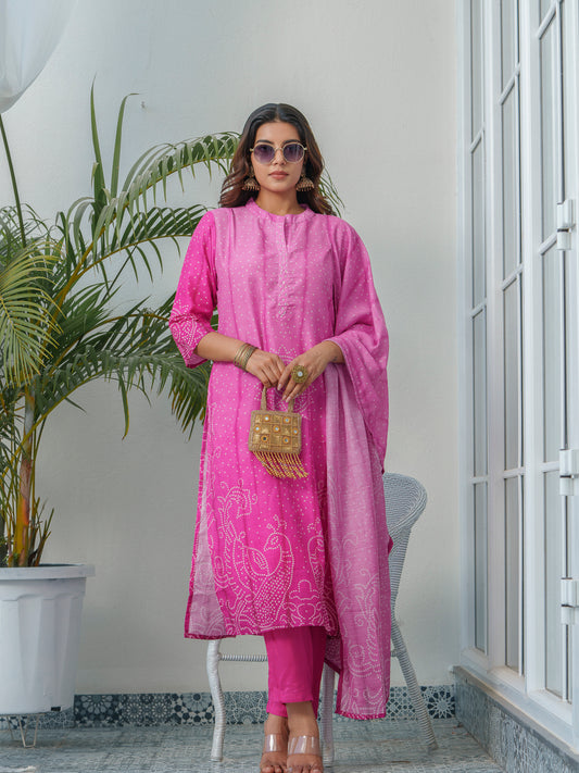 Bandhani Printed Ombre Kurta & Trousers With Dupatta