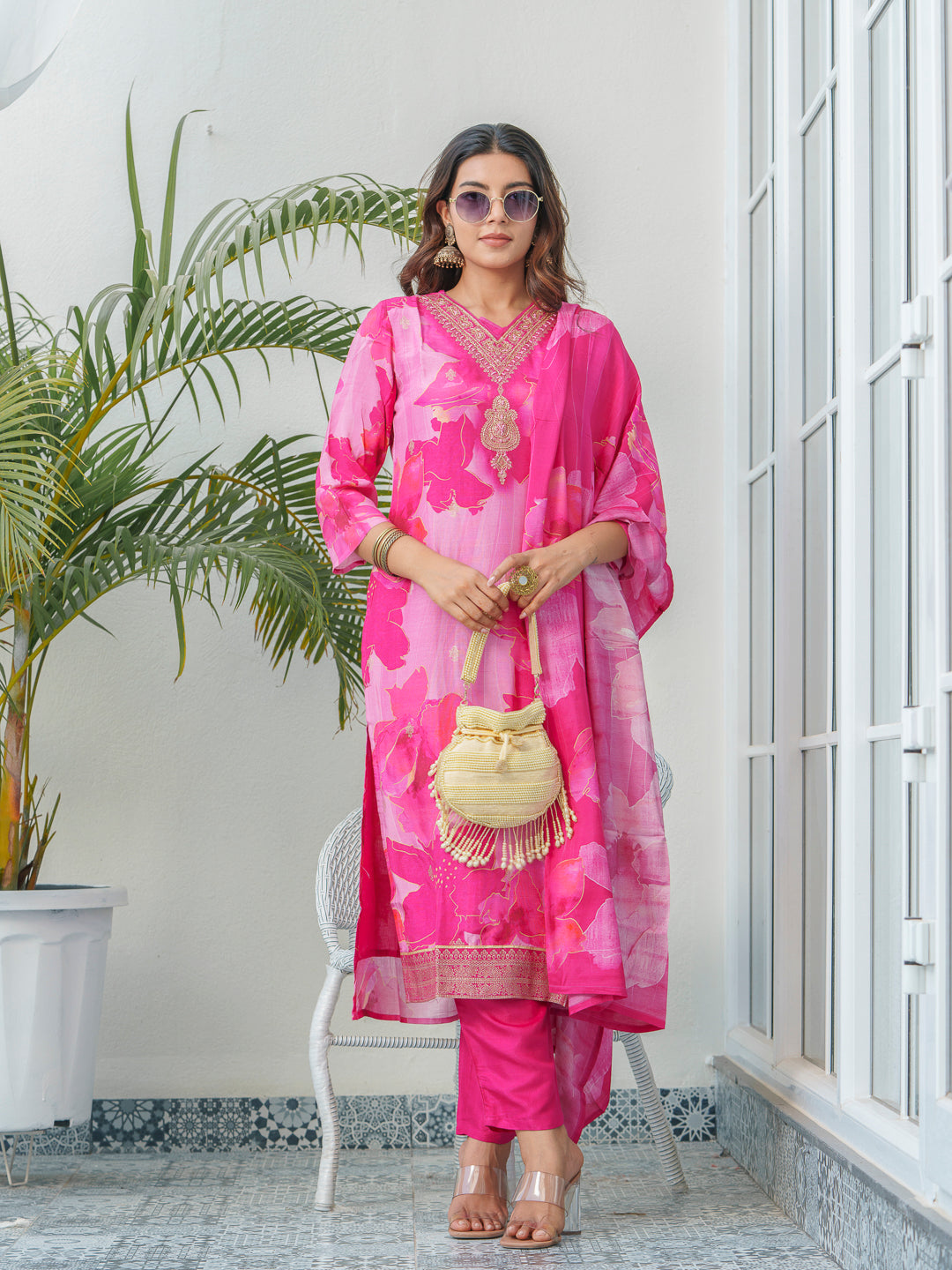 Floral Printed Thread Work Art Silk A-Line Kurta With Trouser & Dupatta
