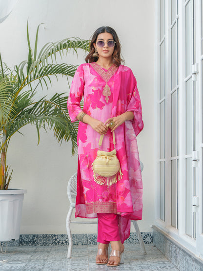 Floral Printed Thread Work Art Silk A-Line Kurta With Trouser & Dupatta