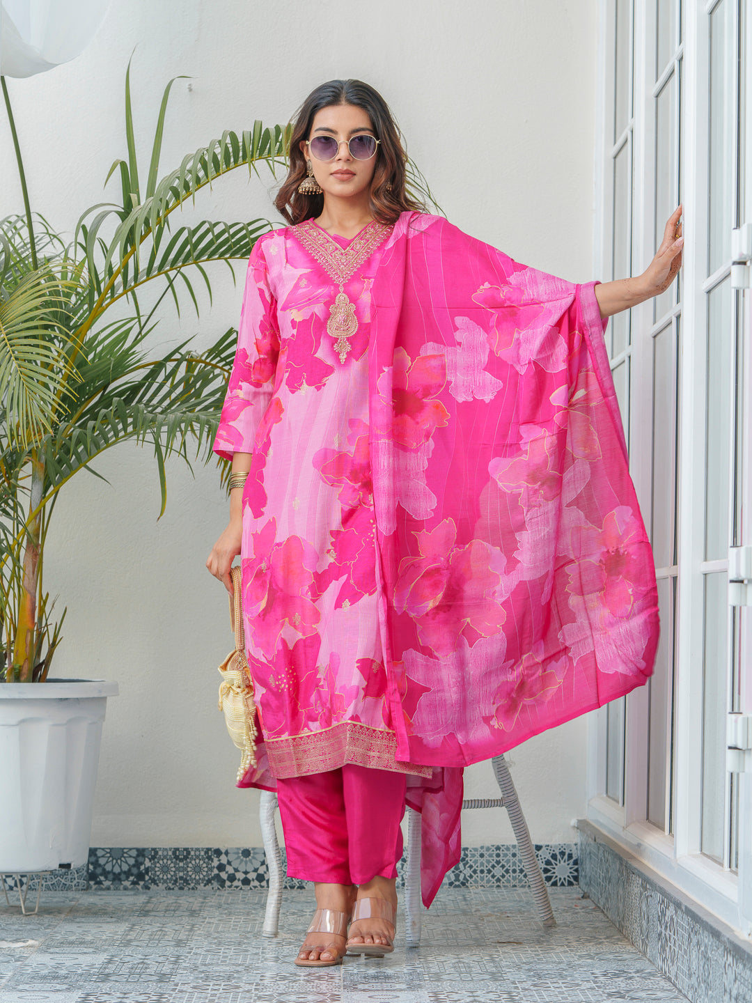 Floral Printed Thread Work Art Silk A-Line Kurta With Trouser & Dupatta