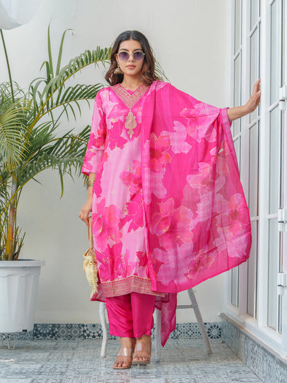 Floral Printed Thread Work Art Silk A-Line Kurta With Trouser & Dupatta