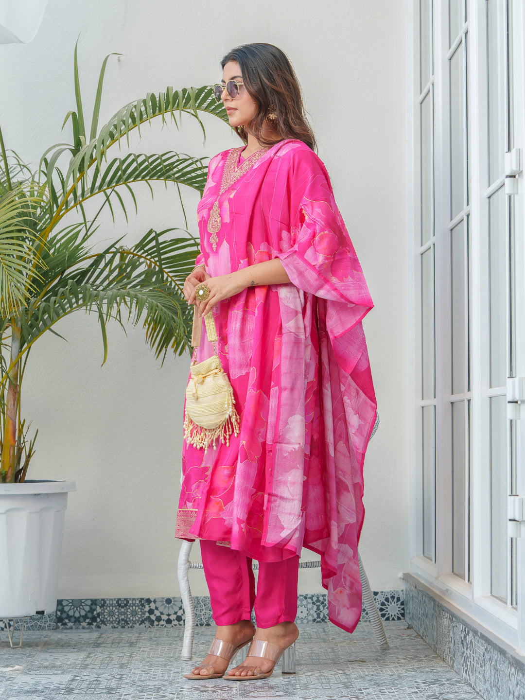 Floral Printed Thread Work Art Silk A-Line Kurta With Trouser & Dupatta