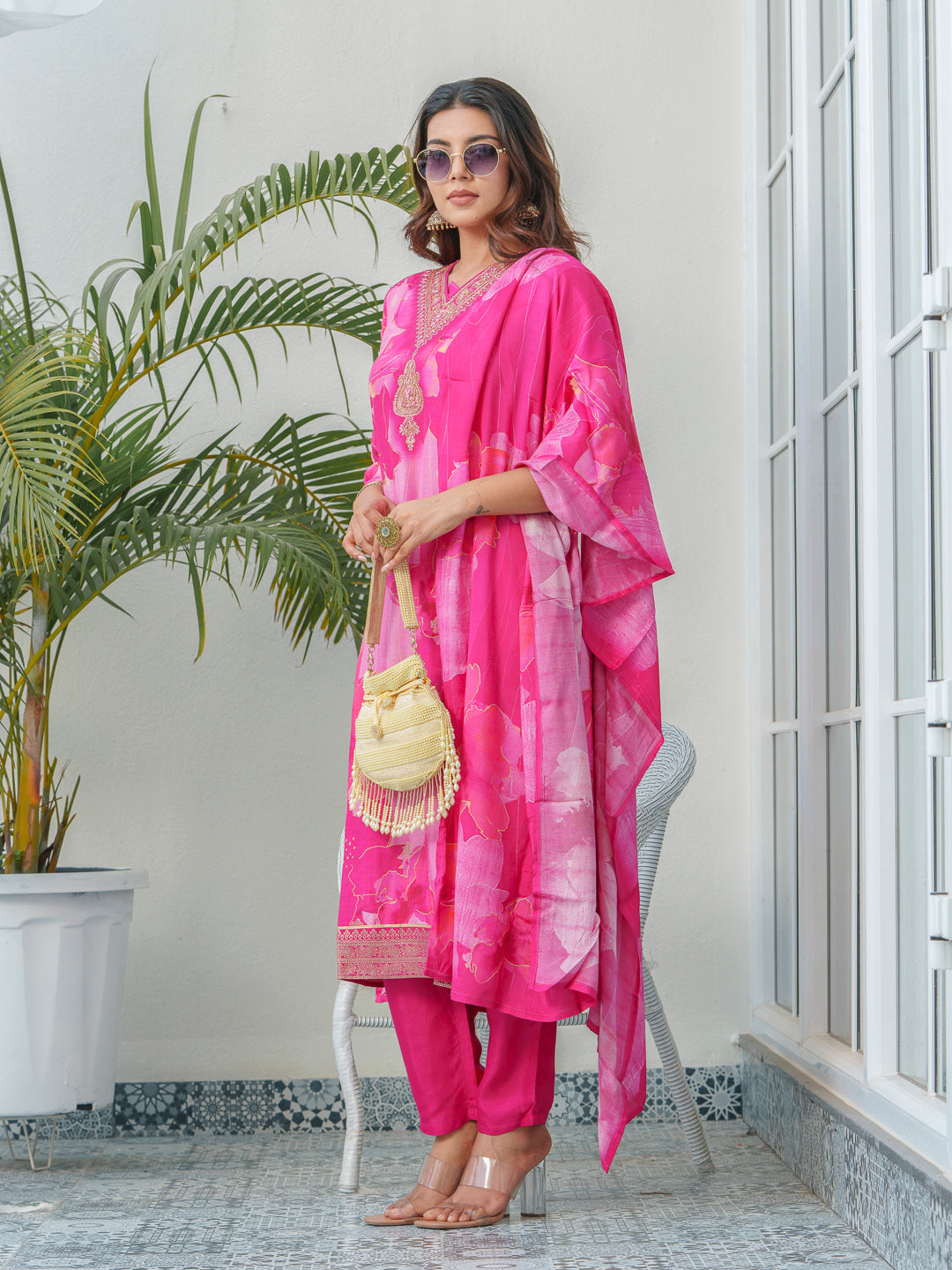 Floral Printed Thread Work Art Silk A-Line Kurta With Trouser & Dupatta