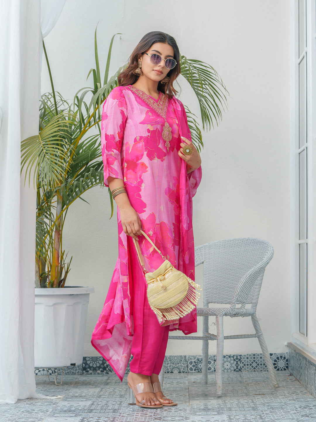 Floral Printed Thread Work Art Silk A-Line Kurta With Trouser & Dupatta