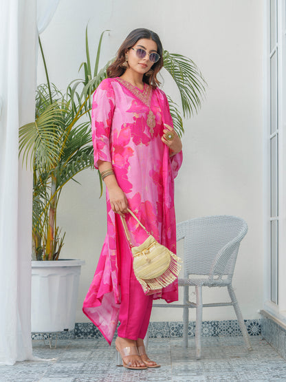Floral Printed Thread Work Art Silk A-Line Kurta With Trouser & Dupatta
