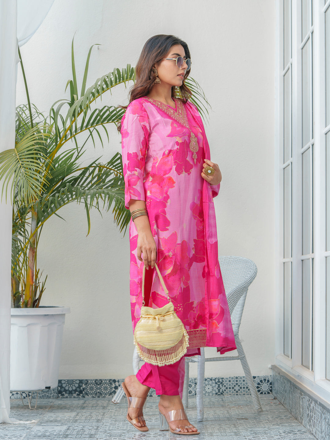 Floral Printed Thread Work Art Silk A-Line Kurta With Trouser & Dupatta
