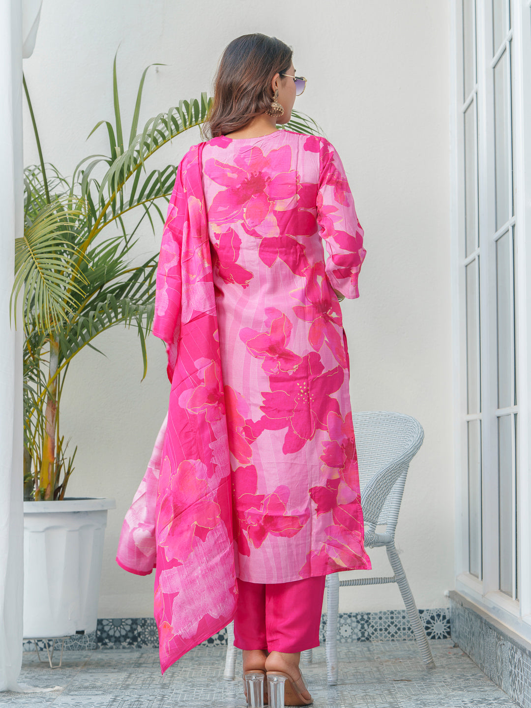 Floral Printed Thread Work Art Silk A-Line Kurta With Trouser & Dupatta
