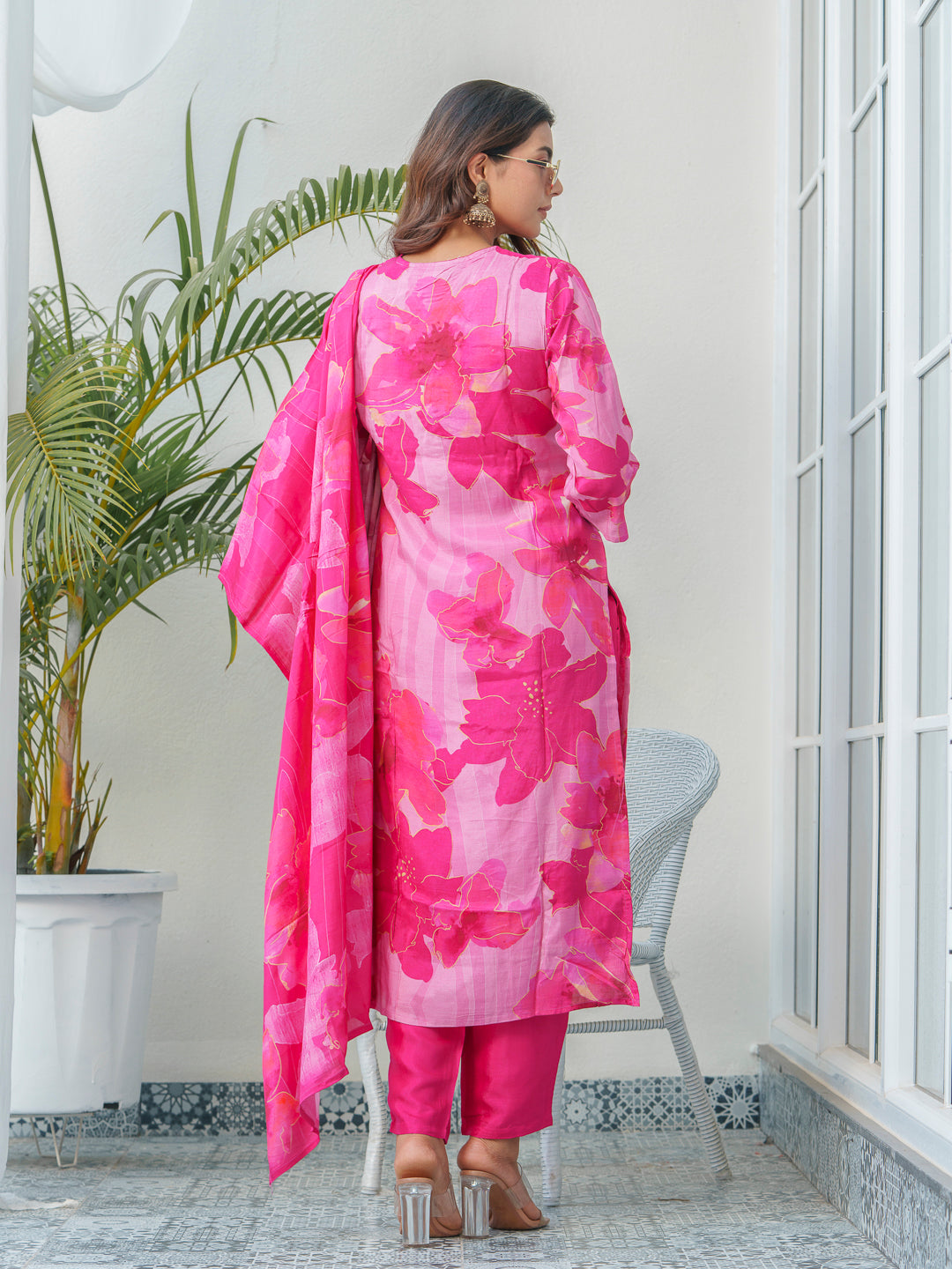 Floral Printed Thread Work Art Silk A-Line Kurta With Trouser & Dupatta