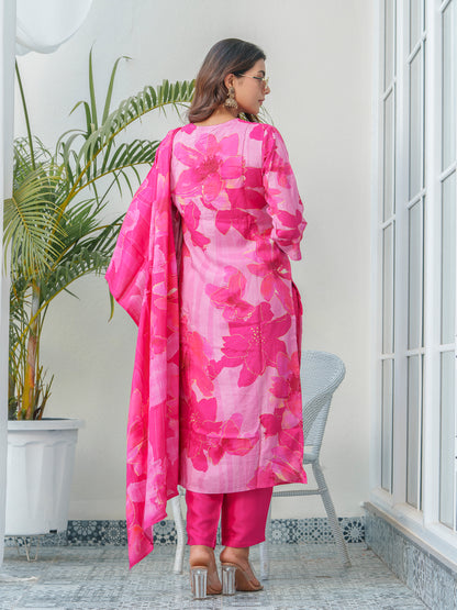 Floral Printed Thread Work Art Silk A-Line Kurta With Trouser & Dupatta
