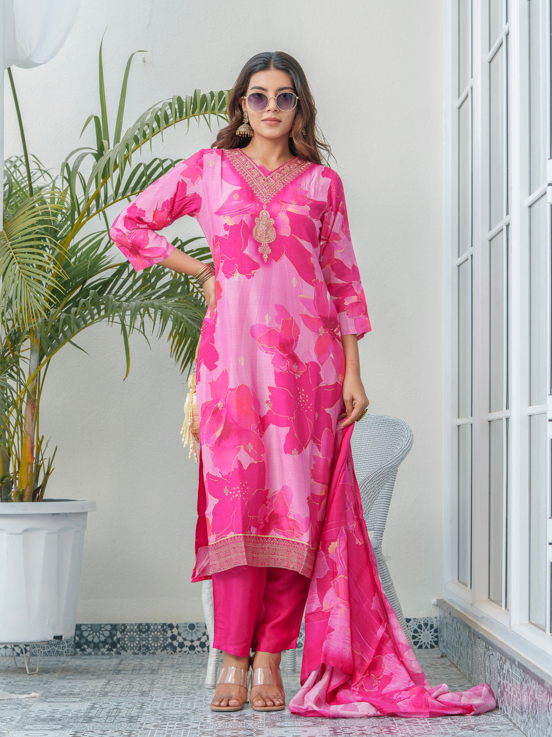Floral Printed Thread Work Art Silk A-Line Kurta With Trouser & Dupatta