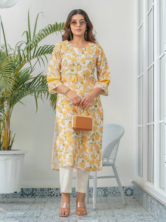 Floral Printed Round Neck Linen Straight Kurta