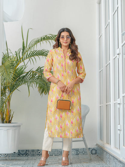 Floral Printed Mandarin Collar Straight Kurta