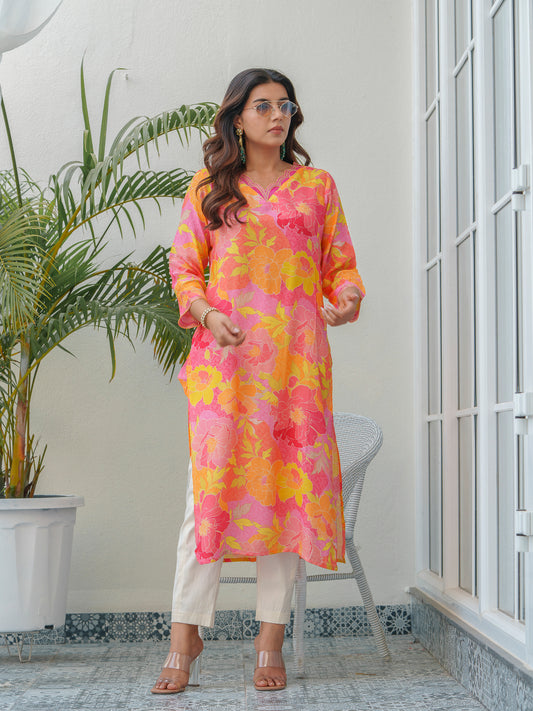 Floral Printed V Neck Muslin Straight Kurta