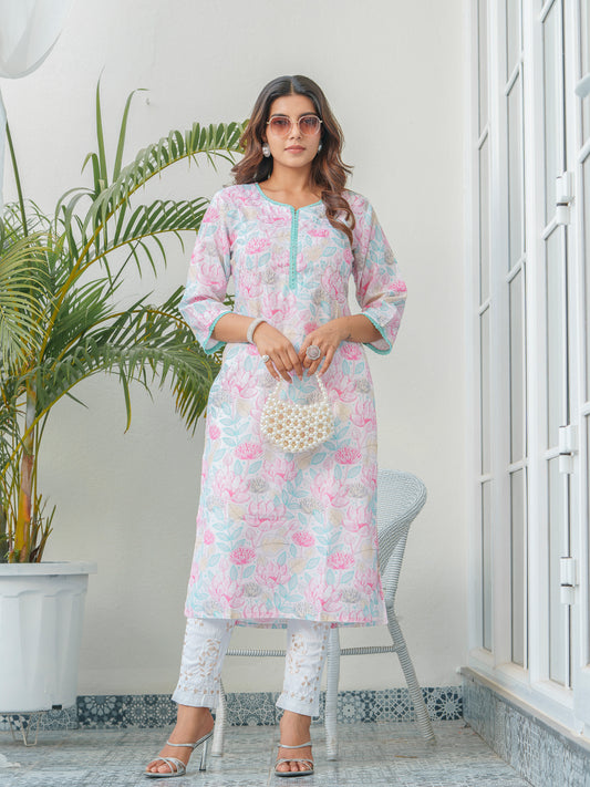 Floral Printed Round Neck Straight Kurta