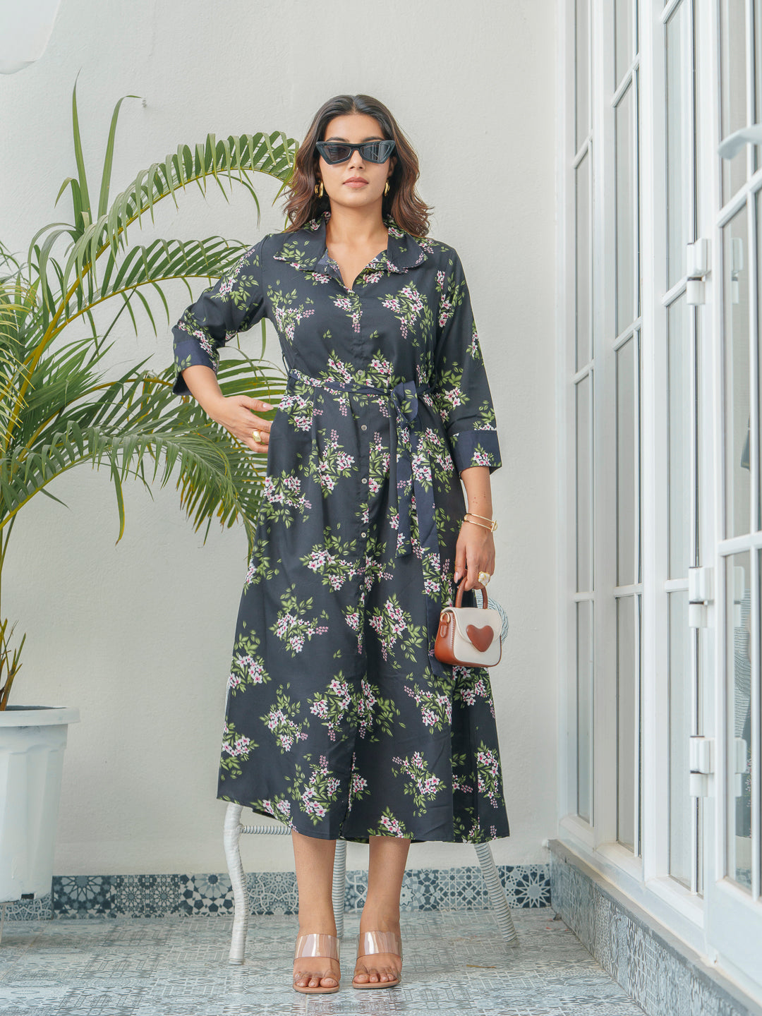 Women Floral Printed A-Line Shirt Collar Midi Dress
