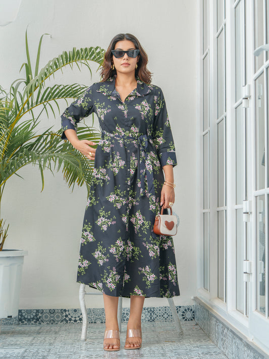 Women Floral Printed A-Line Shirt Collar Midi Dress