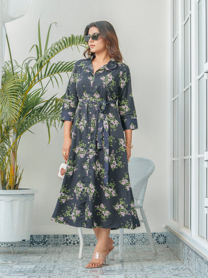 Women Floral Printed A-Line Shirt Collar Midi Dress