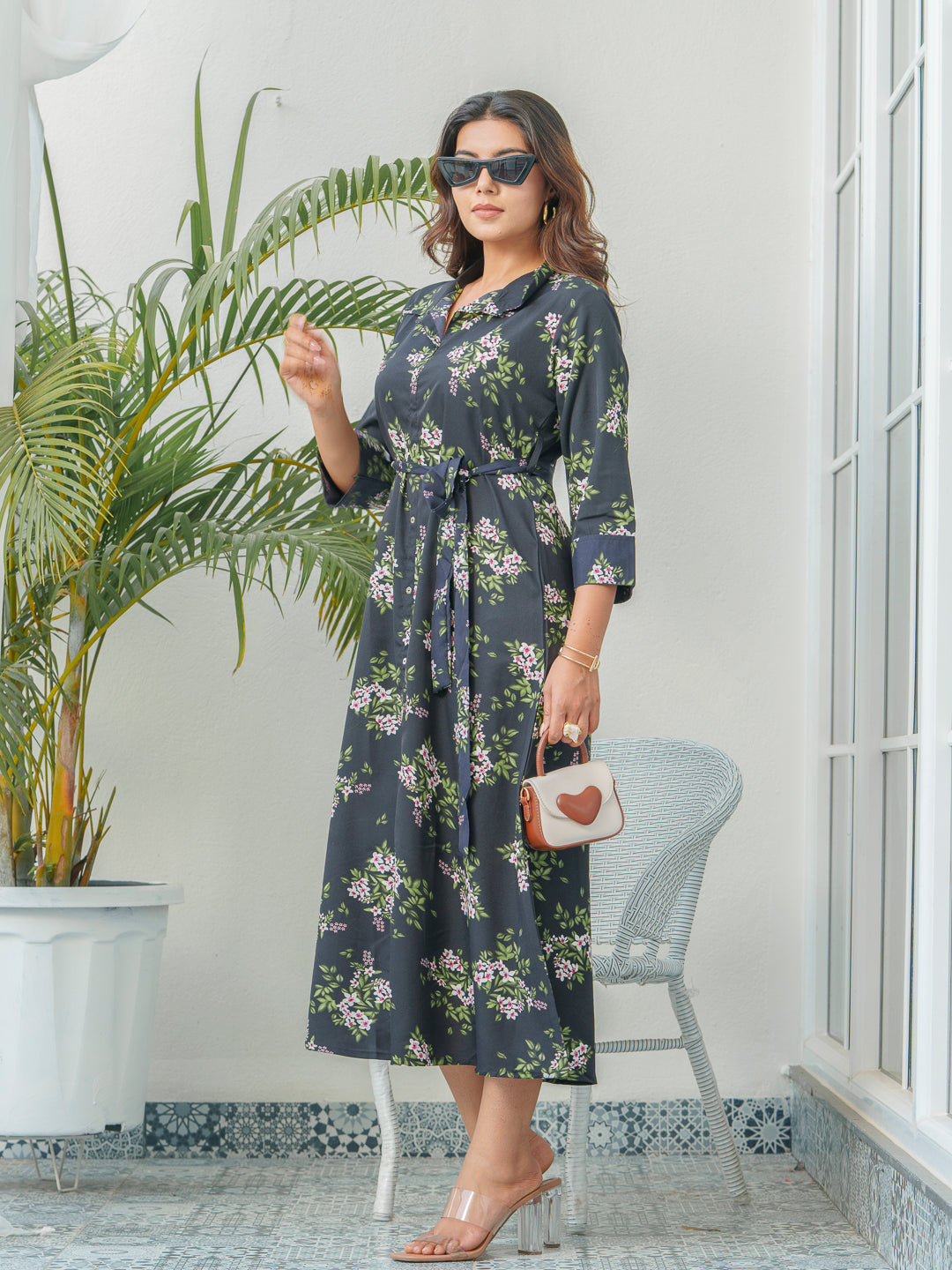 Women Floral Printed A-Line Shirt Collar Midi Dress