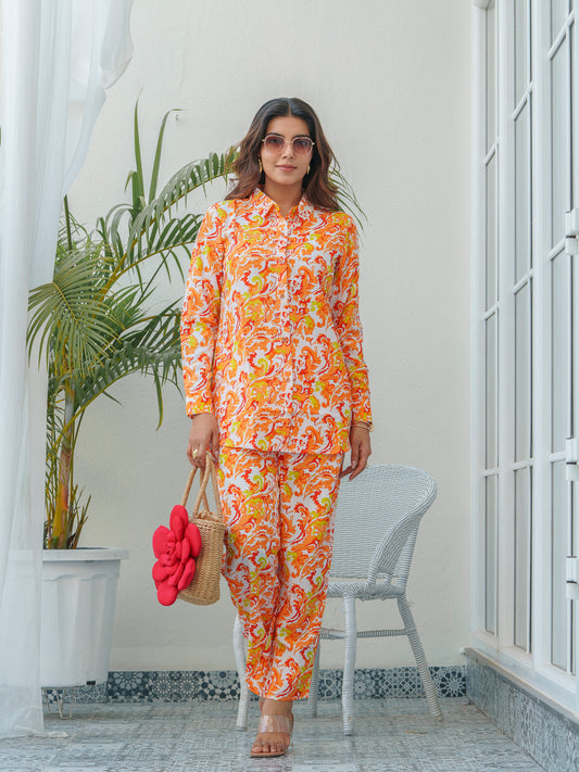 Floral Printed Shirt Collar Shirt & Trousers