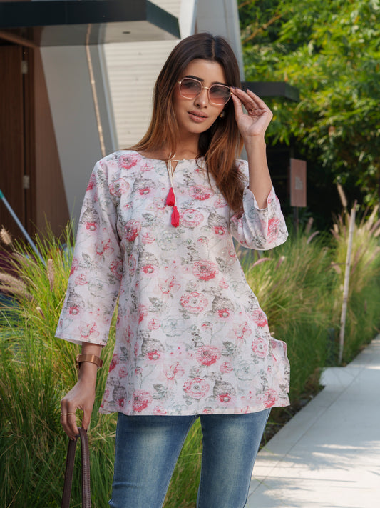 Women Floral Printed Boat Neck Pure Cotton Tunics