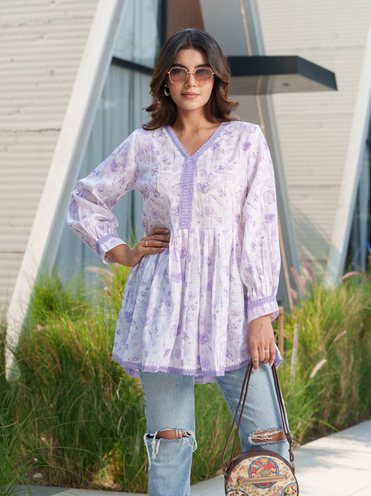 Women V-neck Floral Printed Pure Cotton Tunics
